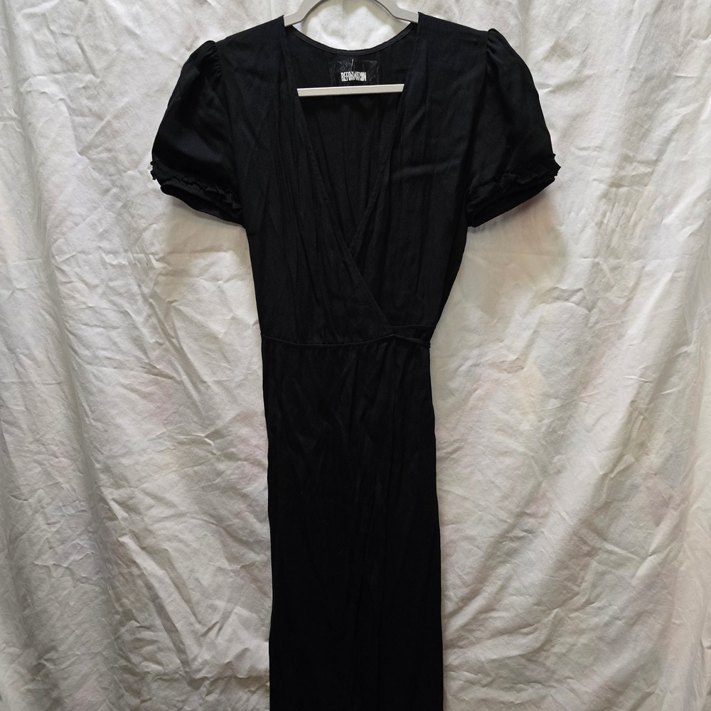 Reformation Black Midi Wrap Dress with Puff Sleeves